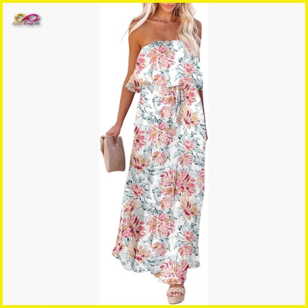 Strapless Maxi Dress High Waist Side Split Flowy Boho Summer Formal